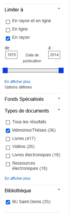 Filtres de recherche à sélectionner sur notre catalogue pour accéder aux thèses.