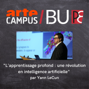 Photo de Yann LeCun et le titre de la leçon inaugurale : "L'apprentissage profond : une révolution en intelligence artificielle" par Yann LeCun.