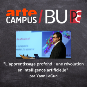 Photo de Yann LeCun et le titre de la leçon inaugurale : "L'apprentissage profond : une révolution en intelligence artificielle" par Yann LeCun. 