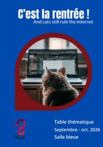 Affiche table thématique rentrée informatique 2026. Chat devant un ordinateur